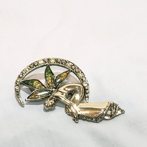 Liz Claiborne Fairy Crescent Moon Gold Tone Brooch Pin 2" Rhinestone Enamel - Picture 6 of 6